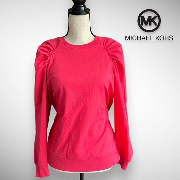 🚫SOLD🚫NWT Michael Kors Crew Neck Puff Shoulder Long Sleeve Top in Geranium - Picture 2 of 11